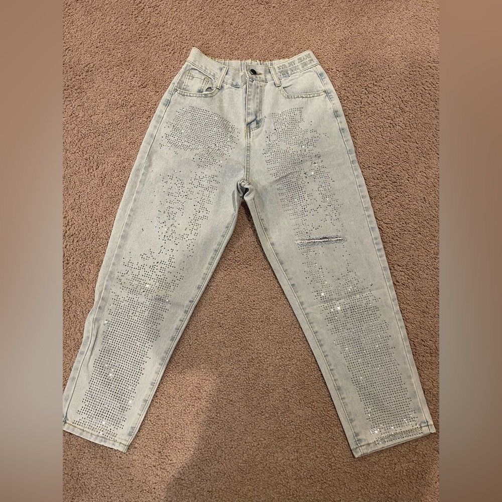 Fashion Y2K Trending Rhinestone Embellished Bleached Distressed Jeans